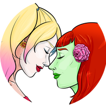 Poison Ivy and Harley Quinn touching foreheads. add by Mod poorlyformed.